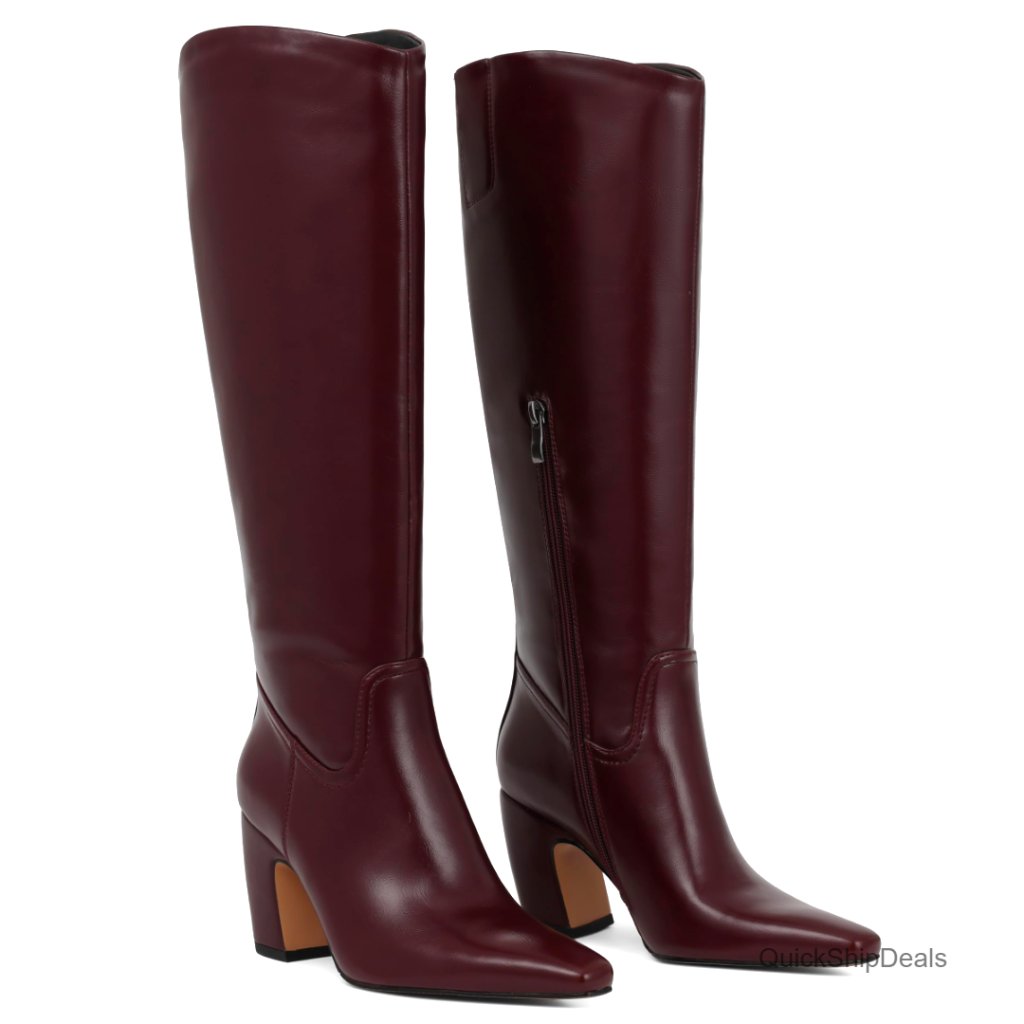 Knee High Boots Square Toe Chunky Heel Wide Calf Side Zipper Comfortable